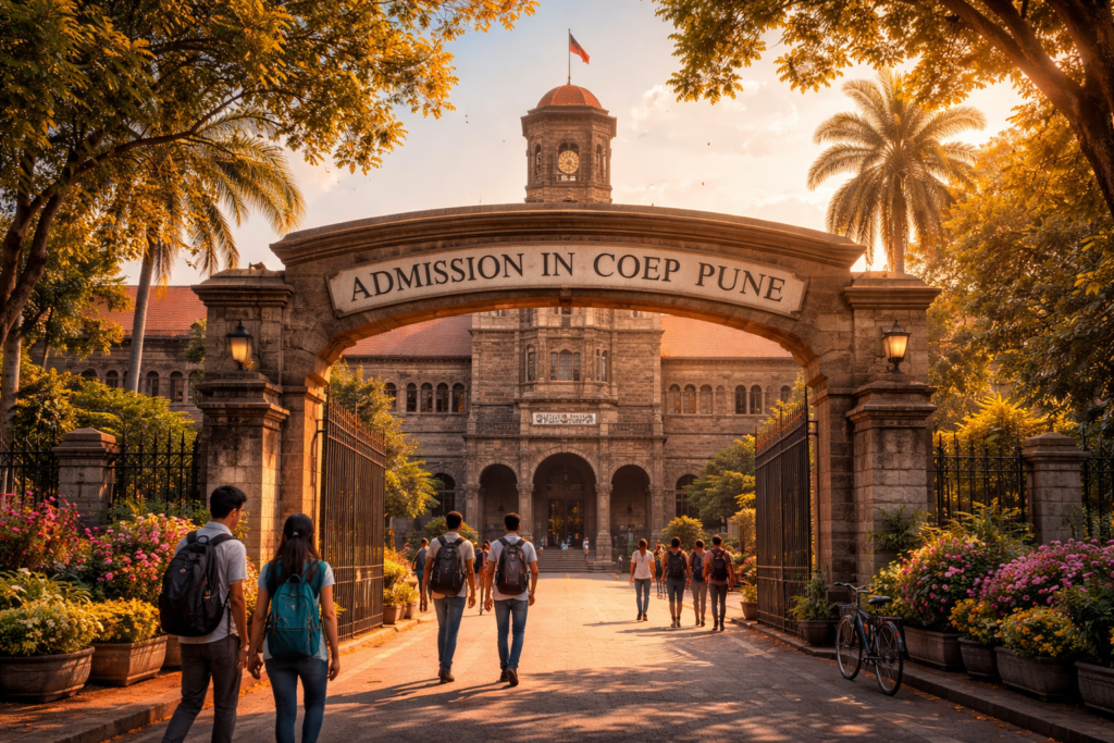 Students entering College of Engineering Pune campus for admission process in Pune