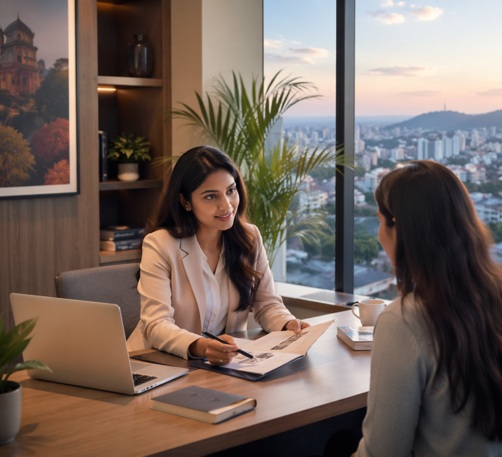 Admission consultant in Pune discussing college admission guidance with student in modern office