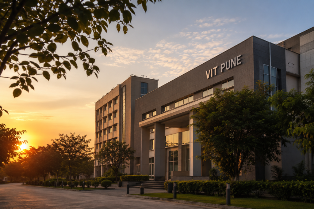 Modern aesthetic campus view for Direct Admission in VIT Pune during sunset with greenery and academic atmosphere.