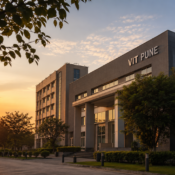 Modern aesthetic campus view for Direct Admission in VIT Pune during sunset with greenery and academic atmosphere.