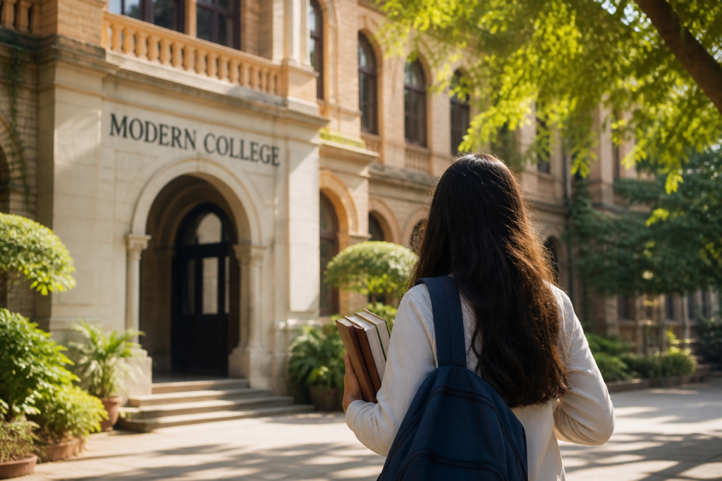 Student walking towards college campus building for direct admission process