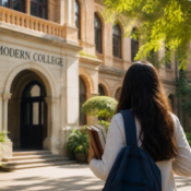 Student walking towards college campus building for direct admission process