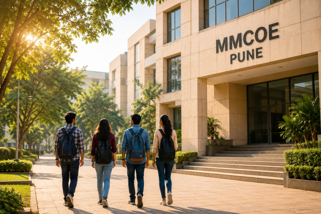 Modern aesthetic engineering college campus representing Direct Admission in MMCOE Pune with students and contemporary architecture