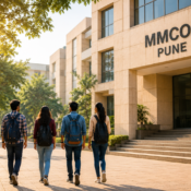 Modern aesthetic engineering college campus representing Direct Admission in MMCOE Pune with students and contemporary architecture