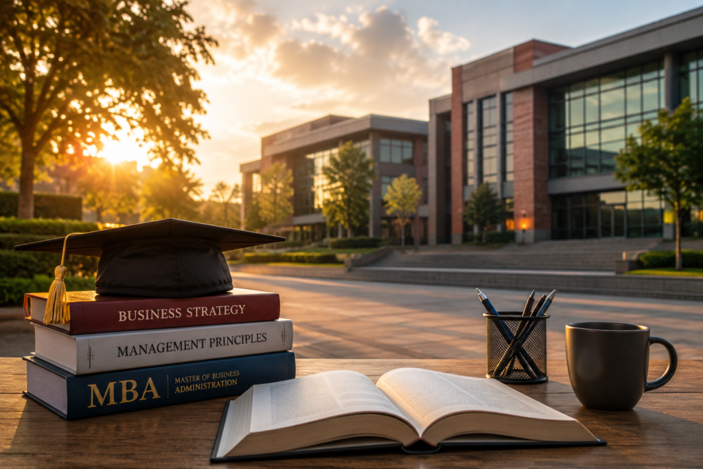 Direct Admission in Sai Balaji Education Society for MBA represented by books, graduation cap, and a modern campus building at sunset.